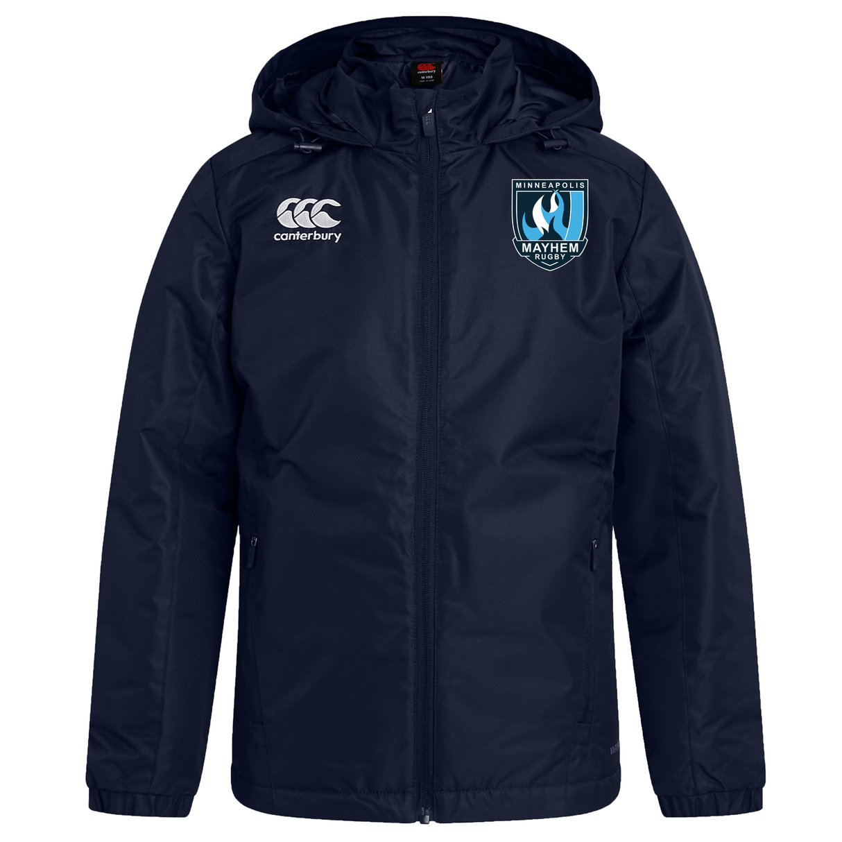 Navy blue Vaposhield Stadium Jacket by EMB Canterbury, designed for the Minneapolis Mayhem Rugby Club, featuring padded insulation for comfort. The water-repellent jacket displays the “Canterbury” logo on the right chest and the “Minneapolis Mayhem Rugby Club” crest on the left chest, offering both style and performance.