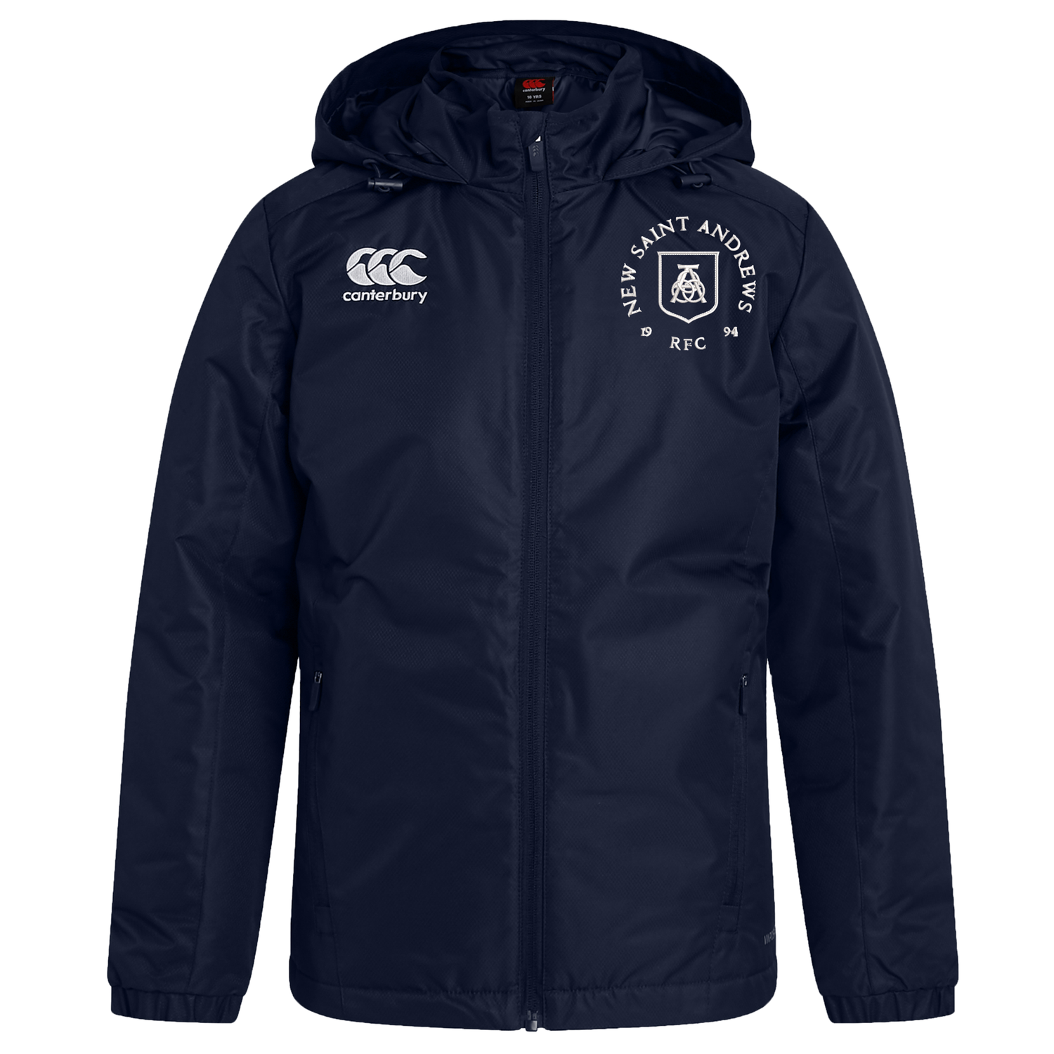 Stay warm with the New Saint Andrews College Club Vaposhield Stadium Jacket by Canterbury, featuring a navy blue hooded design, zip closure, padded insulation for extra warmth, the EMB Canterbury logo on the right chest, and the New Saint Andrews RFC crest on the left chest.