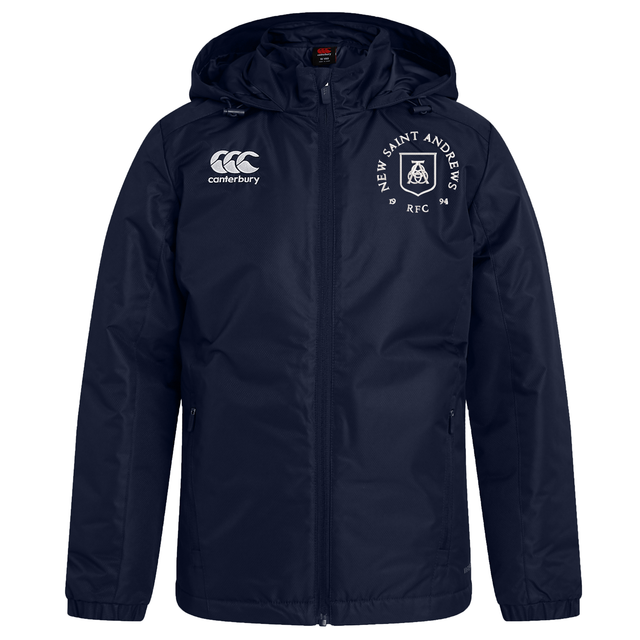 Stay warm with the New Saint Andrews College Club Vaposhield Stadium Jacket by Canterbury, featuring a navy blue hooded design, zip closure, padded insulation for extra warmth, the EMB Canterbury logo on the right chest, and the New Saint Andrews RFC crest on the left chest.