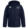 Stay warm with the New Saint Andrews College Club Vaposhield Stadium Jacket by Canterbury, featuring a navy blue hooded design, zip closure, padded insulation for extra warmth, the EMB Canterbury logo on the right chest, and the New Saint Andrews RFC crest on the left chest.