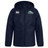 Navy blue padded, water-repellent University of New Hampshire Club Vaposhield Stadium Jacket by Canterbury with a brand logo on the right chest and a “Men’s Rugby” wildcat mascot emblem on the left.