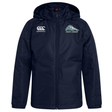 Navy blue padded, water-repellent University of New Hampshire Club Vaposhield Stadium Jacket by Canterbury with a brand logo on the right chest and a “Men’s Rugby” wildcat mascot emblem on the left.
