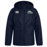 Navy blue padded, water-repellent University of New Hampshire Club Vaposhield Stadium Jacket by Canterbury with a brand logo on the right chest and a “Men’s Rugby” wildcat mascot emblem on the left.