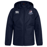 Navy blue water repellent hooded zip-up SUNY Maritime Men’s Rugby Club Vaposhield Stadium Jacket by Canterbury with a logo on the left chest and a brand logo on the right chest.