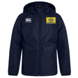 Navy blue water repellent Berkeley RFC Club Vaposhield Stadium Jacket by Canterbury with a white logo on the right chest and a yellow bear graphic patch labeled “Berkeley RFC” on the left chest.