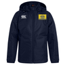 Navy blue water repellent Berkeley RFC Club Vaposhield Stadium Jacket by Canterbury with a white logo on the right chest and a yellow bear graphic patch labeled “Berkeley RFC” on the left chest.
