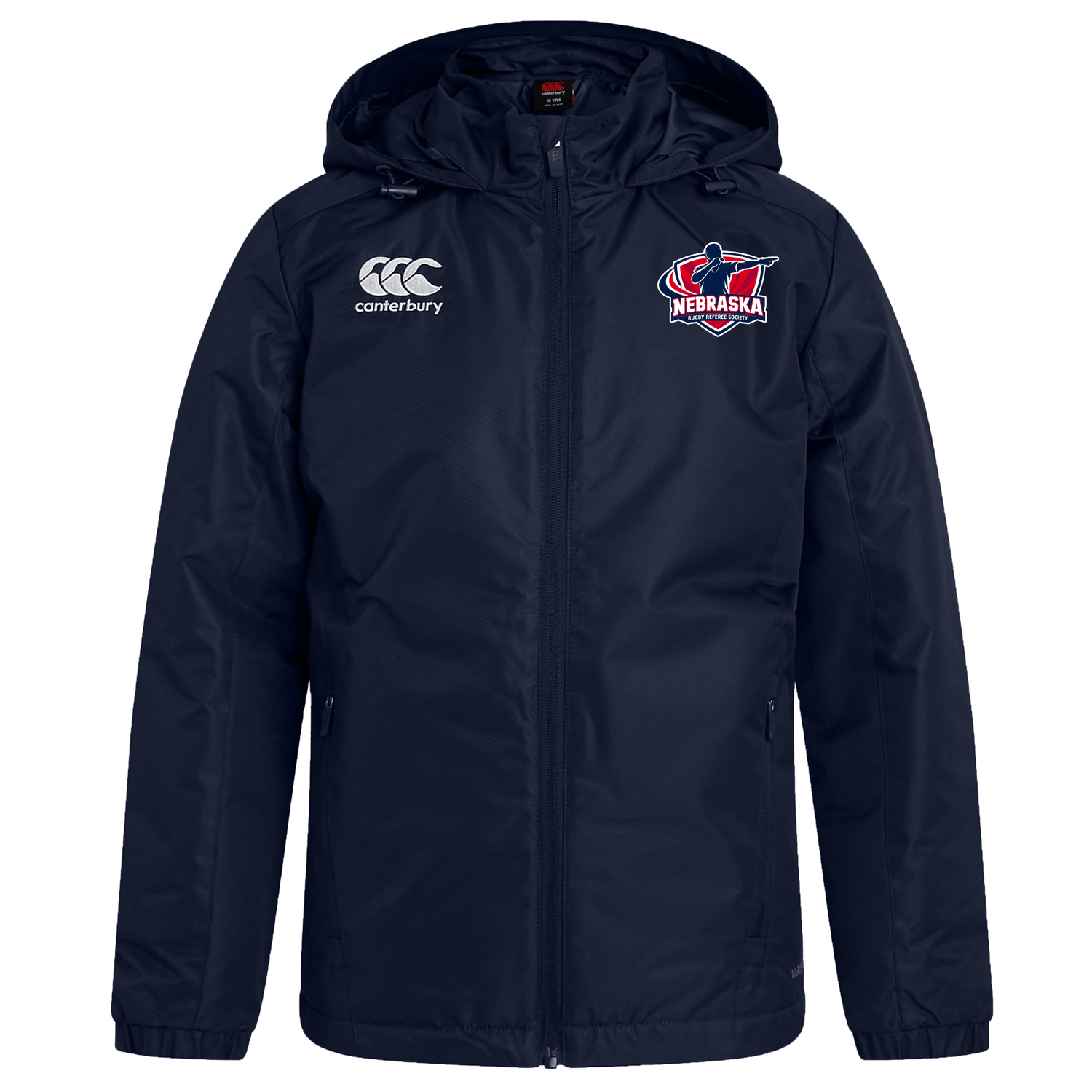 The EMB Canterbury Nebraska Rugby Referee Society Club Vaposhield Stadium Jacket is a navy blue zip-up with hood, water repellent, and features Canterbury branding with a Nebraska rugby logo—ideal for staying dry and warm at games.