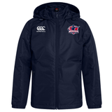 The EMB Canterbury Nebraska Rugby Referee Society Club Vaposhield Stadium Jacket is a navy blue zip-up with hood, water repellent, and features Canterbury branding with a Nebraska rugby logo—ideal for staying dry and warm at games.