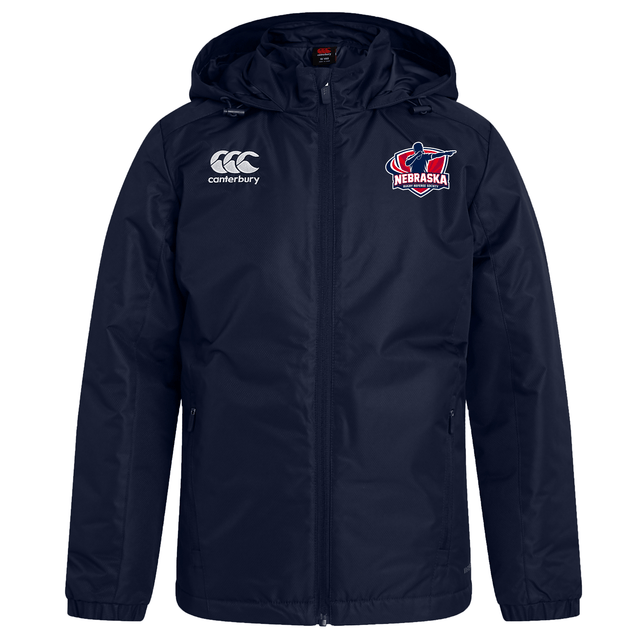 The EMB Canterbury Nebraska Rugby Referee Society Club Vaposhield Stadium Jacket is a navy blue zip-up with hood, water repellent, and features Canterbury branding with a Nebraska rugby logo—ideal for staying dry and warm at games.