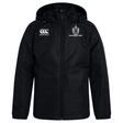 The Highlanders Rugby NC Club Vaposhield Stadium Jacket by Canterbury, featuring the Highlanders Rugby logo on the left chest and the Canterbury logo on the right chest, comes in black with a hood and padded insulation for added warmth.