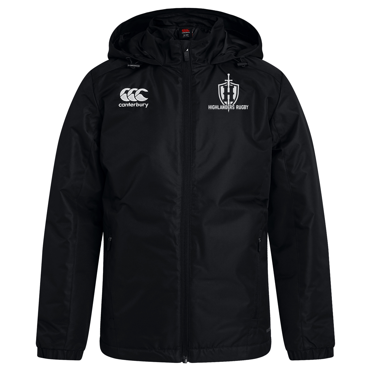 The Highlanders Rugby NC Club Vaposhield Stadium Jacket by Canterbury, featuring the Highlanders Rugby logo on the left chest and the Canterbury logo on the right chest, comes in black with a hood and padded insulation for added warmth.