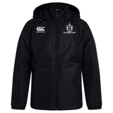 The Highlanders Rugby NC Club Vaposhield Stadium Jacket by Canterbury, featuring the Highlanders Rugby logo on the left chest and the Canterbury logo on the right chest, comes in black with a hood and padded insulation for added warmth.