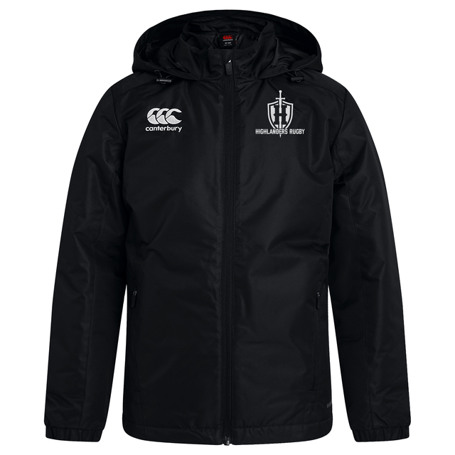 The Highlanders Rugby NC Club Vaposhield Stadium Jacket by Canterbury, featuring the Highlanders Rugby logo on the left chest and the Canterbury logo on the right chest, comes in black with a hood and padded insulation for added warmth.