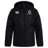 The Highlanders Rugby NC Club Vaposhield Stadium Jacket by Canterbury, featuring the Highlanders Rugby logo on the left chest and the Canterbury logo on the right chest, comes in black with a hood and padded insulation for added warmth.