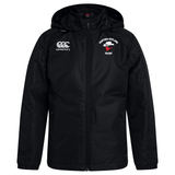 The Ventura Outlaws Rugby Club Vaposhield Full Zip Rain Jacket by Canterbury, from EMB Canterbury, features a black hooded design with "Ventura Outlaws Rugby" and logo on the right chest, and Canterbury logo on the left. This water-resistant rain jacket includes VapoShield technology, a front zipper, side pockets, and lightweight mesh lining for added comfort.