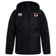 The Southern Pines Youth Rugby Club Vaposhield Stadium Jacket by EMB Canterbury features a black hood, Canterbury logo on the left chest, a red and white emblem on the right, and utilizes Vaposhield technology for superior water repellency.