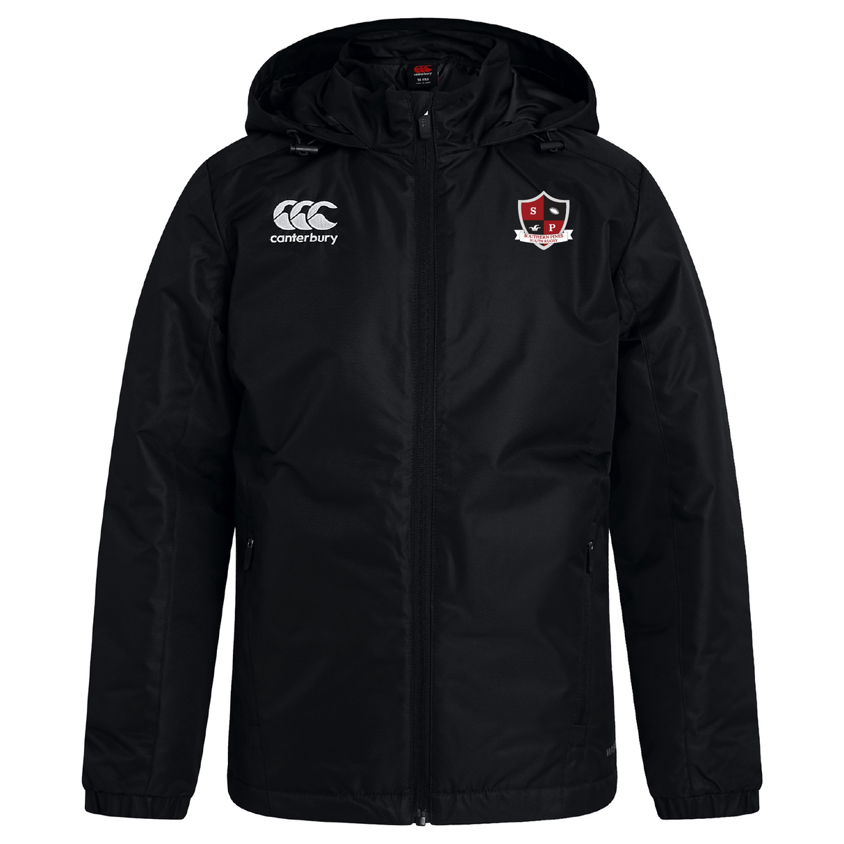 The Southern Pines Youth Rugby Club Vaposhield Stadium Jacket by EMB Canterbury features a black hood, Canterbury logo on the left chest, a red and white emblem on the right, and utilizes Vaposhield technology for superior water repellency.