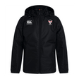 The Superior Rugby Club Vaposhield Stadium Jacket by EMB Canterbury features a black hood, front zipper, water-repellent fabric, Canterbury logo on the right chest, and a sports team crest on the left.