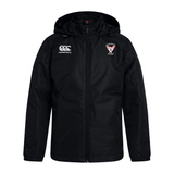 The Superior Rugby Club Vaposhield Stadium Jacket by EMB Canterbury features a black hood, front zipper, water-repellent fabric, Canterbury logo on the right chest, and a sports team crest on the left.