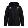 The Superior Rugby Club Vaposhield Stadium Jacket by EMB Canterbury features a black hood, front zipper, water-repellent fabric, Canterbury logo on the right chest, and a sports team crest on the left.