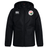 Society of Iowa Rugby Referees Club Vaposhield Stadium Jacket by Canterbury, from EMB Canterbury, is a black hooded jacket featuring a front zipper, the Canterbury logo on the right chest, and a round embroidered patch on the left chest with a red rose and “Society of Iowa Rugby Referees Club.” This rugby stadium jacket provides padded insulation for added warmth, making it perfect for chilly match days.