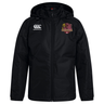 Godzilla Rugby Football Club Club Vaposhield Stadium Jacket by EMB Canterbury: black, water-repellent hooded jacket with front zipper, padded insulation for extra warmth, Canterbury logo on the right chest, and Godzilla RFC crest on the left chest.