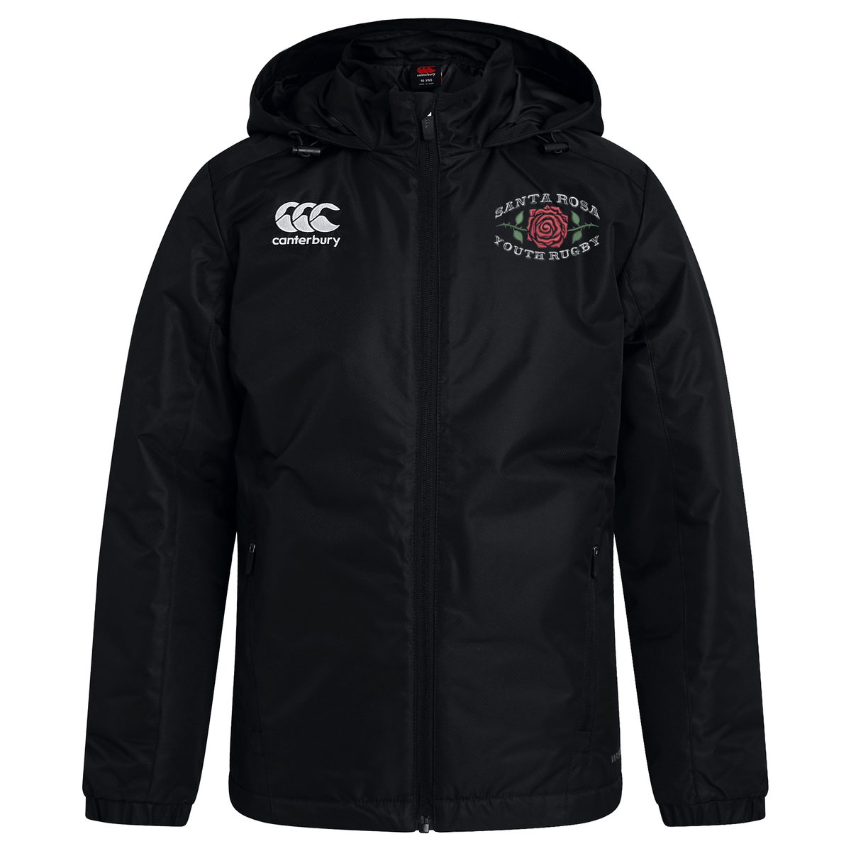 Stay warm and dry in any weather with the Santa Rosa Youth Rugby Club Vaposhield Stadium Jacket by Canterbury. This black hooded jacket from EMB Canterbury features padded insulation and water-repellent technology. The Canterbury logo appears on the right chest, while “Santa Rosa Youth Rugby” and a red rose emblem are displayed on the left chest.