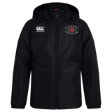 Stay warm and dry in any weather with the Santa Rosa Youth Rugby Club Vaposhield Stadium Jacket by Canterbury. This black hooded jacket from EMB Canterbury features padded insulation and water-repellent technology. The Canterbury logo appears on the right chest, while “Santa Rosa Youth Rugby” and a red rose emblem are displayed on the left chest.