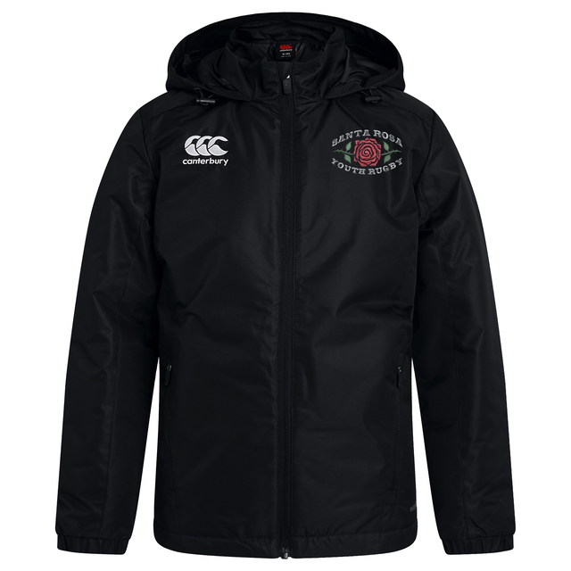 Stay warm and dry in any weather with the Santa Rosa Youth Rugby Club Vaposhield Stadium Jacket by Canterbury. This black hooded jacket from EMB Canterbury features padded insulation and water-repellent technology. The Canterbury logo appears on the right chest, while “Santa Rosa Youth Rugby” and a red rose emblem are displayed on the left chest.