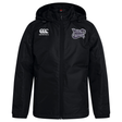 The Valley Panthers Girls Rugby Club Vaposhield Stadium Jacket by EMB Canterbury is a black, hooded, water-repellent jacket featuring a front zipper. It displays the Canterbury logo on the right chest and the “Valley Panthers Girls Rugby Club” logo on the left chest. This padded stadium jacket provides warmth and reliable protection from the elements.