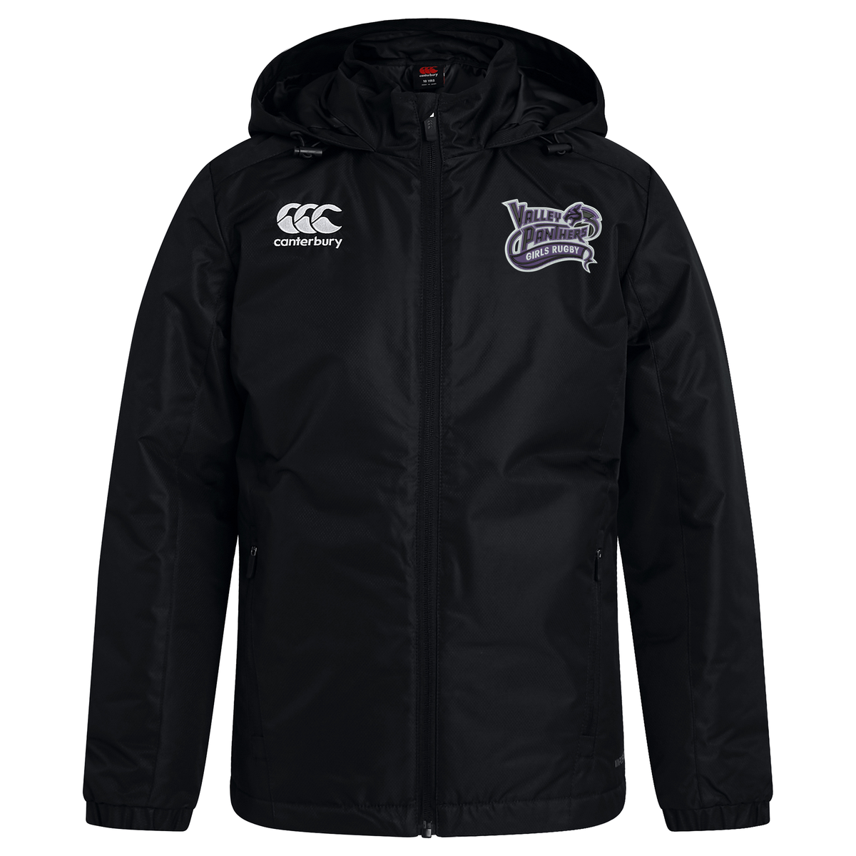 The Valley Panthers Girls Rugby Club Vaposhield Stadium Jacket by EMB Canterbury is a black, hooded, water-repellent jacket featuring a front zipper. It displays the Canterbury logo on the right chest and the “Valley Panthers Girls Rugby Club” logo on the left chest. This padded stadium jacket provides warmth and reliable protection from the elements.