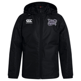 The Valley Panthers Girls Rugby Club Vaposhield Stadium Jacket by EMB Canterbury is a black, hooded, water-repellent jacket featuring a front zipper. It displays the Canterbury logo on the right chest and the “Valley Panthers Girls Rugby Club” logo on the left chest. This padded stadium jacket provides warmth and reliable protection from the elements.