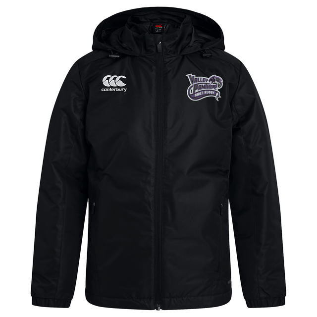 The Valley Panthers Girls Rugby Club Vaposhield Stadium Jacket by EMB Canterbury is a black, hooded, water-repellent jacket featuring a front zipper. It displays the Canterbury logo on the right chest and the “Valley Panthers Girls Rugby Club” logo on the left chest. This padded stadium jacket provides warmth and reliable protection from the elements.