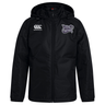 The Valley Panthers Girls Rugby Club Vaposhield Stadium Jacket by EMB Canterbury is a black, hooded, water-repellent jacket featuring a front zipper. It displays the Canterbury logo on the right chest and the “Valley Panthers Girls Rugby Club” logo on the left chest. This padded stadium jacket provides warmth and reliable protection from the elements.