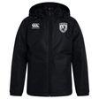 South Orange County Raptors Club Vaposhield Stadium Jacket by EMB Canterbury, in black with a hood and padded insulation. The Canterbury logo appears on the right chest, while the left chest features the South Orange County Raptors crest with a bird. Shown against a white background, this water repellent stadium jacket is ideal for rugby matches, providing warmth and protection from the elements.