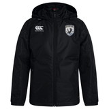 South Orange County Raptors Club Vaposhield Stadium Jacket by EMB Canterbury, in black with a hood and padded insulation. The Canterbury logo appears on the right chest, while the left chest features the South Orange County Raptors crest with a bird. Shown against a white background, this water repellent stadium jacket is ideal for rugby matches, providing warmth and protection from the elements.