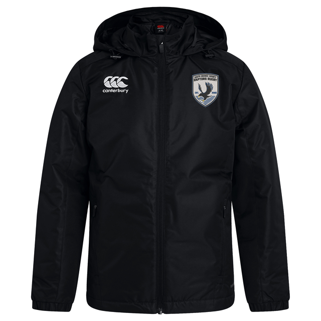 South Orange County Raptors Club Vaposhield Stadium Jacket by EMB Canterbury, in black with a hood and padded insulation. The Canterbury logo appears on the right chest, while the left chest features the South Orange County Raptors crest with a bird. Shown against a white background, this water repellent stadium jacket is ideal for rugby matches, providing warmth and protection from the elements.