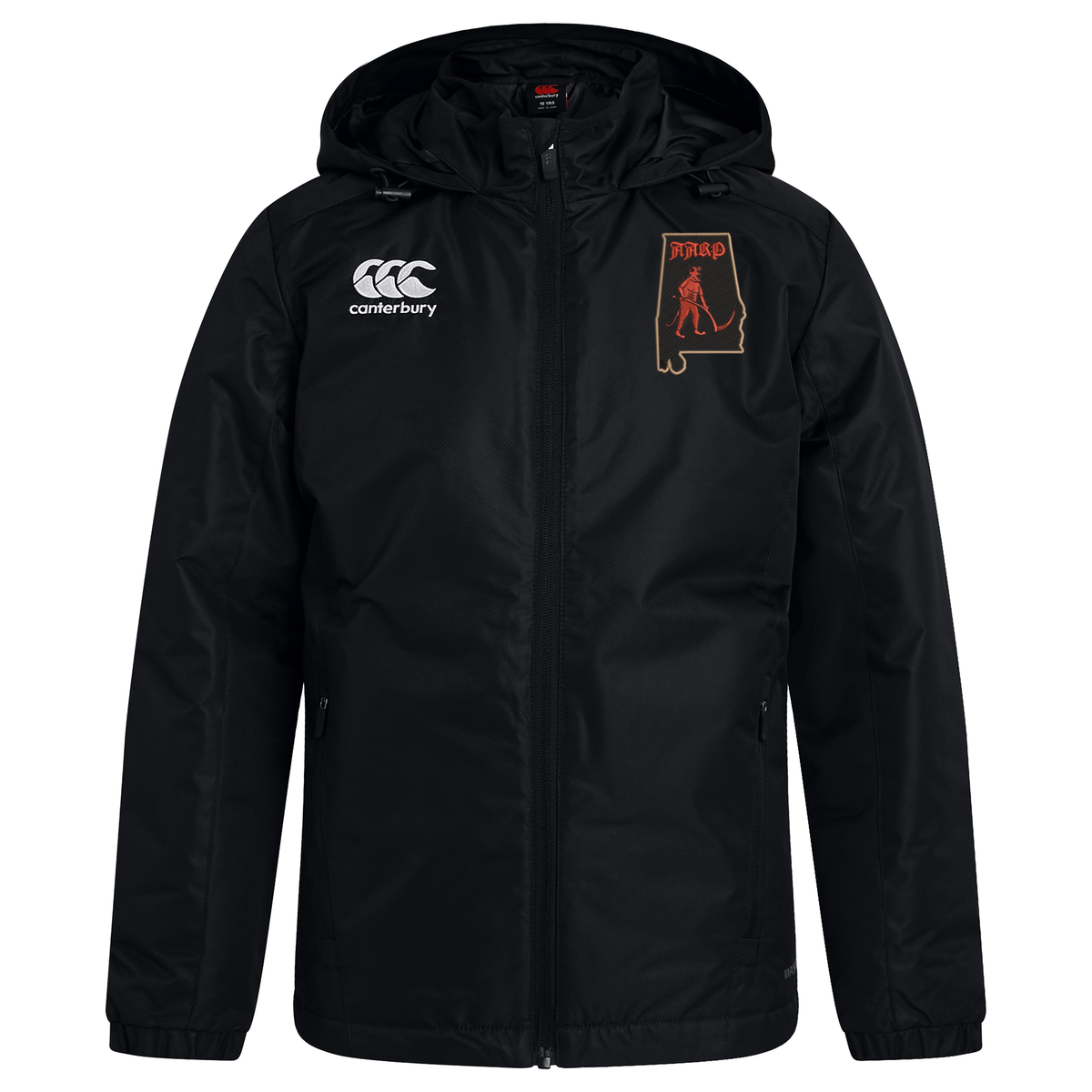 Black Aging Alabama Rugby Players Club Vaposhield Stadium Jacket by Canterbury with a white Canterbury logo on the right chest, an Alabama hockey logo on the left chest, and padded insulation.