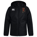 Black Aging Alabama Rugby Players Club Vaposhield Stadium Jacket by Canterbury with a white Canterbury logo on the right chest, an Alabama hockey logo on the left chest, and padded insulation.