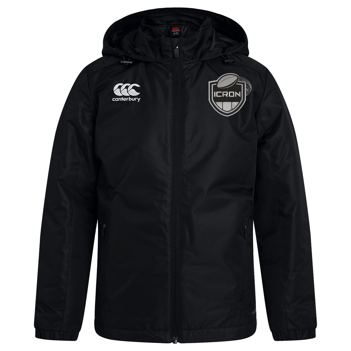 Black Canterbury ICRON Club Vaposhield Stadium Jacket with a white brand logo on the right chest and an ICRON emblem on the left chest.
