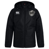 Black Canterbury ICRON Club Vaposhield Stadium Jacket with a white brand logo on the right chest and an ICRON emblem on the left chest.