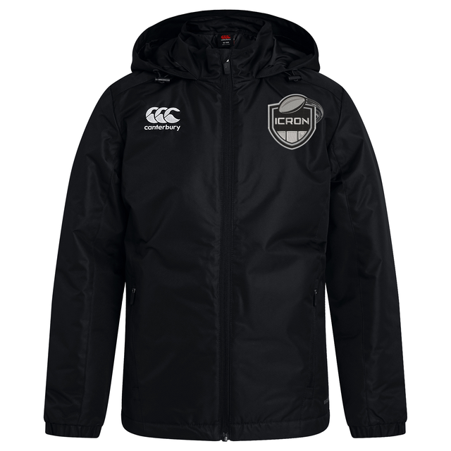 Black Canterbury ICRON Club Vaposhield Stadium Jacket with a white brand logo on the right chest and an ICRON emblem on the left chest.