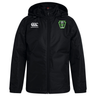 Black Rock Rugby Club Vaposhield Stadium Jacket by Canterbury with a white logo on the right chest and a lime green Rock Rugby Lions shield crest on the left chest.