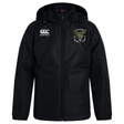 Hornets Rugby Club 1977 Club Vaposhield Stadium Jacket by EMB Canterbury, in black with a hood, showcases the Canterbury logo on the right chest and the Hornets Rugby Club emblem on the left chest. Designed with padded insulation for extra warmth, this jacket is displayed on a white background.