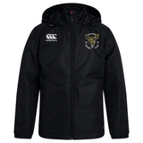 Hornets Rugby Club 1977 Club Vaposhield Stadium Jacket by EMB Canterbury, in black with a hood, showcases the Canterbury logo on the right chest and the Hornets Rugby Club emblem on the left chest. Designed with padded insulation for extra warmth, this jacket is displayed on a white background.