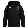Hornets Rugby Club 1977 Club Vaposhield Stadium Jacket by EMB Canterbury, in black with a hood, showcases the Canterbury logo on the right chest and the Hornets Rugby Club emblem on the left chest. Designed with padded insulation for extra warmth, this jacket is displayed on a white background.