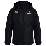 The Chicago Riot Club Vaposhield Stadium Jacket by EMB Canterbury has padded insulation, a black hood, a Canterbury logo on the right chest, and a Chicago North crest on the left, shown on a plain white background.