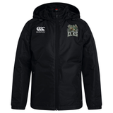 Stay warm in the Lewis County Elks Club Vaposhield Stadium Jacket by EMB Canterbury—a black zip-up hooded jacket with padded insulation, featuring the embroidered “ELKS” emblem with elk head on the left chest and the Canterbury logo on the right chest, making it a perfect rugby stadium jacket.