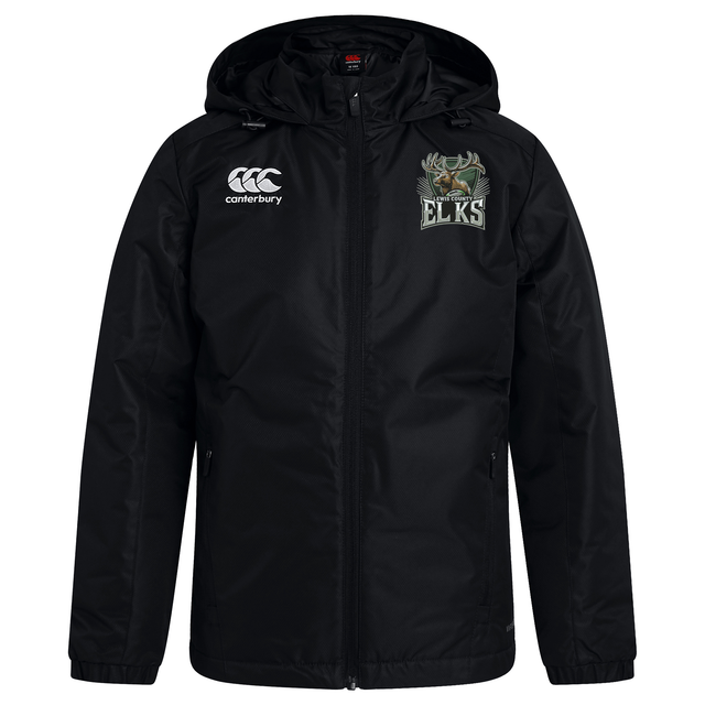 Stay warm in the Lewis County Elks Club Vaposhield Stadium Jacket by EMB Canterbury—a black zip-up hooded jacket with padded insulation, featuring the embroidered “ELKS” emblem with elk head on the left chest and the Canterbury logo on the right chest, making it a perfect rugby stadium jacket.