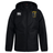 The Spartan Youth Rugby Club Vaposhield Stadium Jacket by EMB Canterbury features a black hood, front zipper, white Canterbury logo on the right chest, yellow Spartan Football Academy logo on the left chest, and padded insulation for warmth.